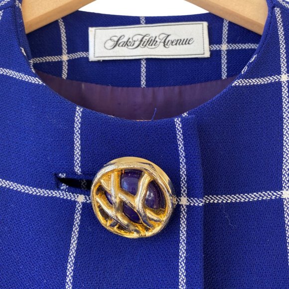 VINTAGE SAKS FIFTH AVENUE DAVID HAYES Wool Blue Plaid Wool Dress Scarf USA Sz 8 - Picture 4 of 8